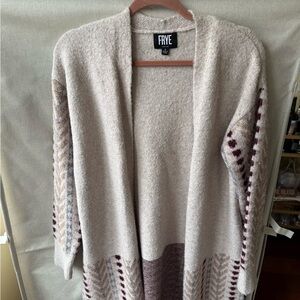 FRYE Cream Open-Front Knit Cardigan with Burgundy & Taupe Accents